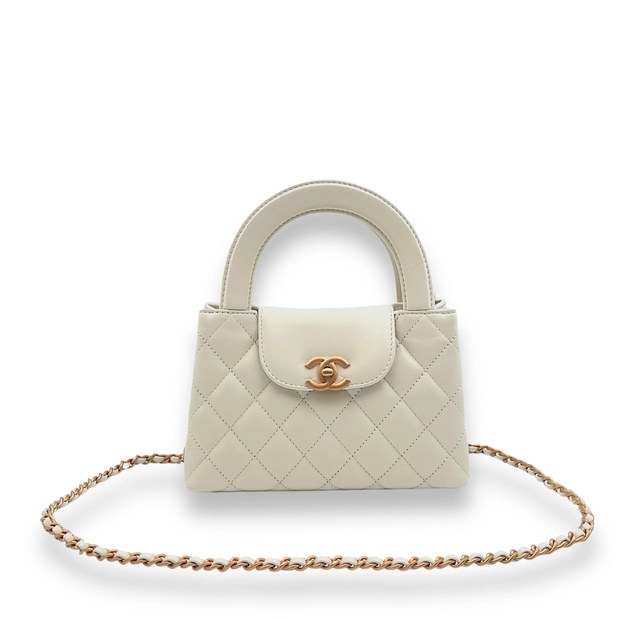 Kelly Mini White Top Handle Bag in Calfskin, Gold hardware
