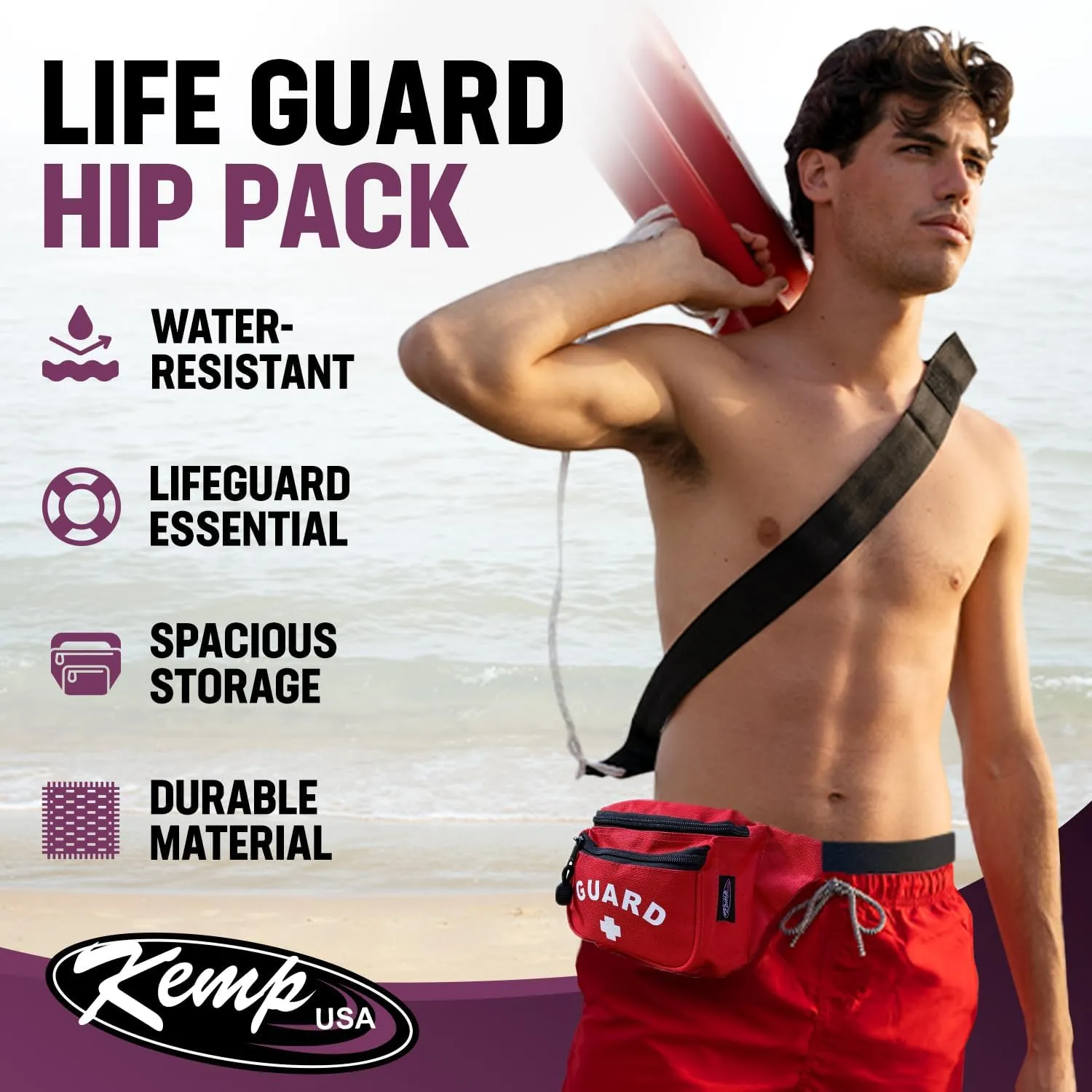 Kemp USA – Lifeguard Fanny Pack/Hip Pack with GUARD Logo - Water-Resistant and Durable Waist Bag for Medical Supplies & Lifeguard Gear - Red