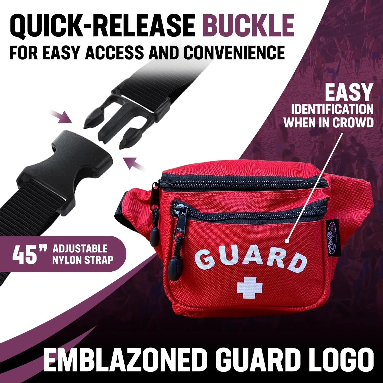 Kemp USA – Lifeguard Fanny Pack/Hip Pack with GUARD Logo - Water-Resistant and Durable Waist Bag for Medical Supplies & Lifeguard Gear - Red