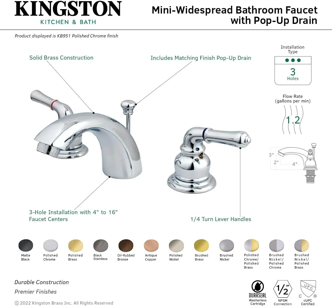 Kingston Brass KB955 Magellan II 4-Inch to 8-Inch Mini Widespread Lavatory Faucet with Metal lever handle, Oil Rubbed Bronze