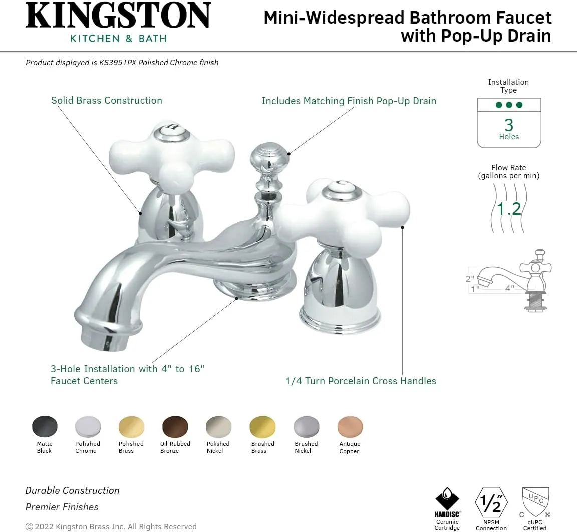 Kingston Brass KS3952PX Restoration Mini Widespread Lavatory Faucet with Porcelain Cross Handle, Polished Brass