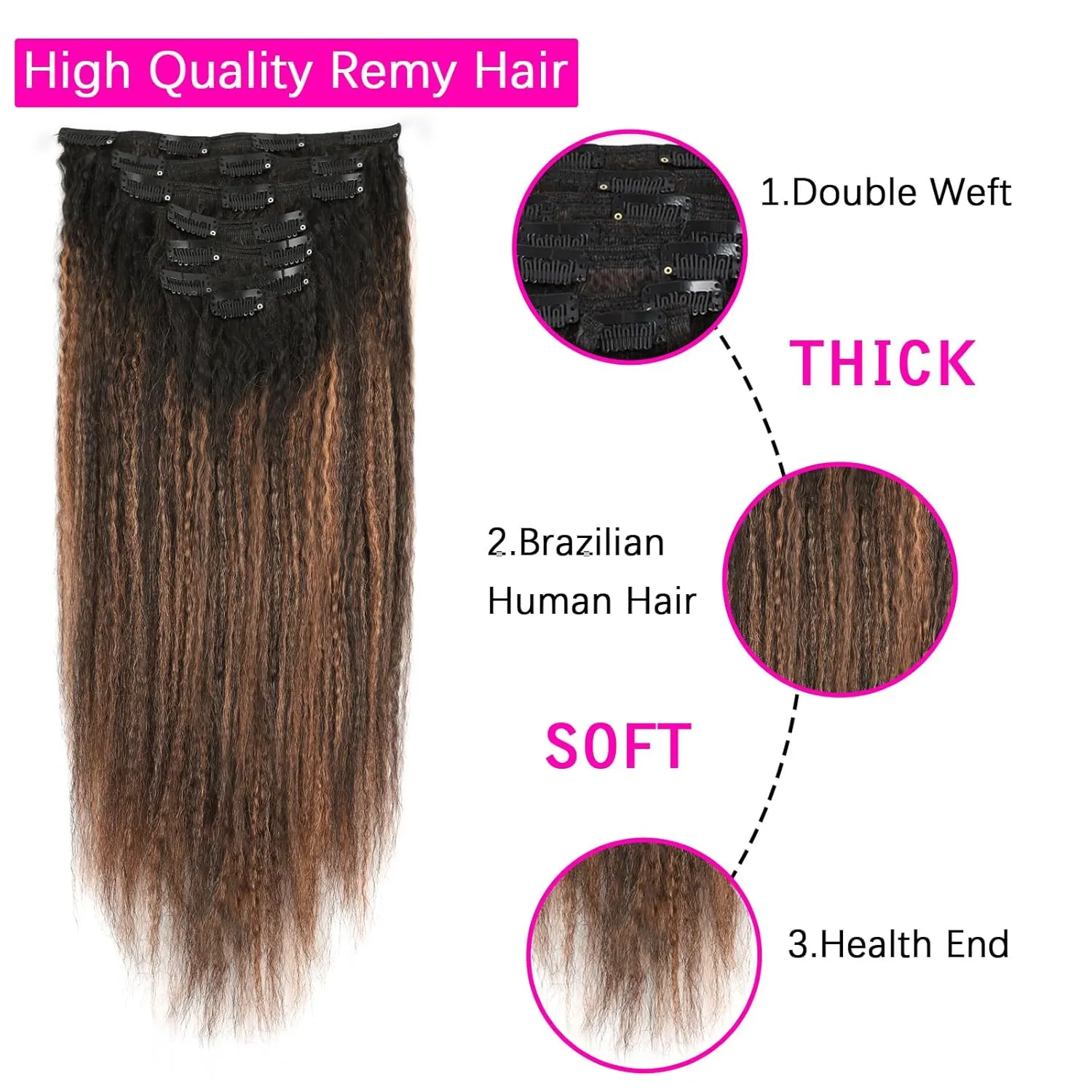 Kinky Straight Hair Clip in Remy Human Hair Rooted Black Fading to Natural Black #1B Mixed With Light Auburn #30 Afro Kinky Straight Clip on Hair Extensions for Black Women 14inch 120G 7Pcs