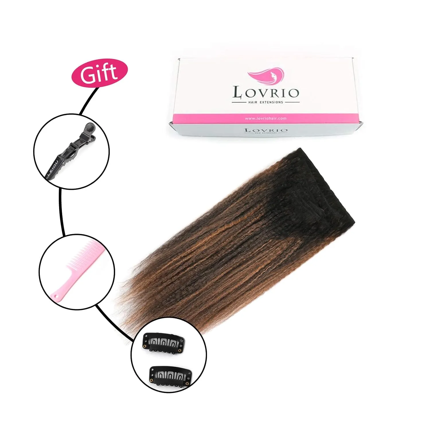 Kinky Straight Hair Clip in Remy Human Hair Rooted Black Fading to Natural Black #1B Mixed With Light Auburn #30 Afro Kinky Straight Clip on Hair Extensions for Black Women 14inch 120G 7Pcs