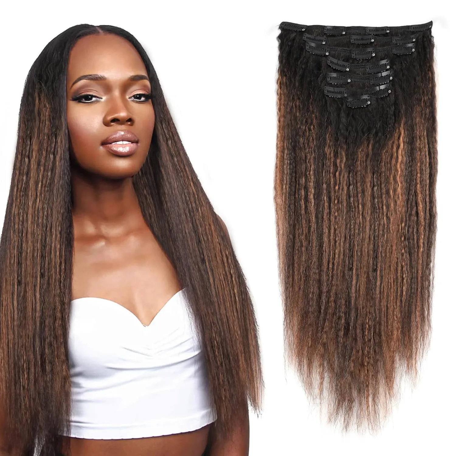 Kinky Straight Hair Clip in Remy Human Hair Rooted Black Fading to Natural Black #1B Mixed With Light Auburn #30 Afro Kinky Straight Clip on Hair Extensions for Black Women 14inch 120G 7Pcs