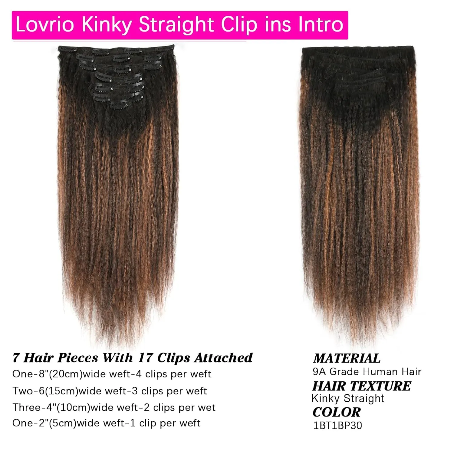 Kinky Straight Hair Clip in Remy Human Hair Rooted Black Fading to Natural Black #1B Mixed With Light Auburn #30 Afro Kinky Straight Clip on Hair Extensions for Black Women 14inch 120G 7Pcs