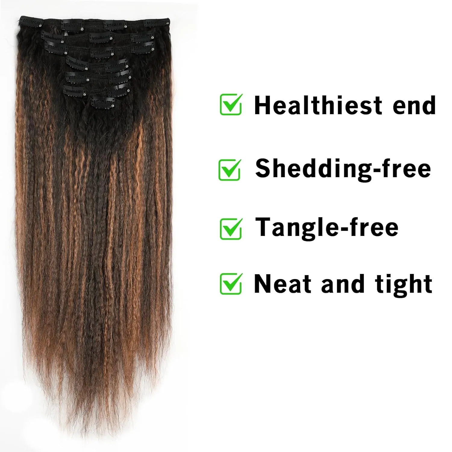 Kinky Straight Hair Clip in Remy Human Hair Rooted Black Fading to Natural Black #1B Mixed With Light Auburn #30 Afro Kinky Straight Clip on Hair Extensions for Black Women 14inch 120G 7Pcs