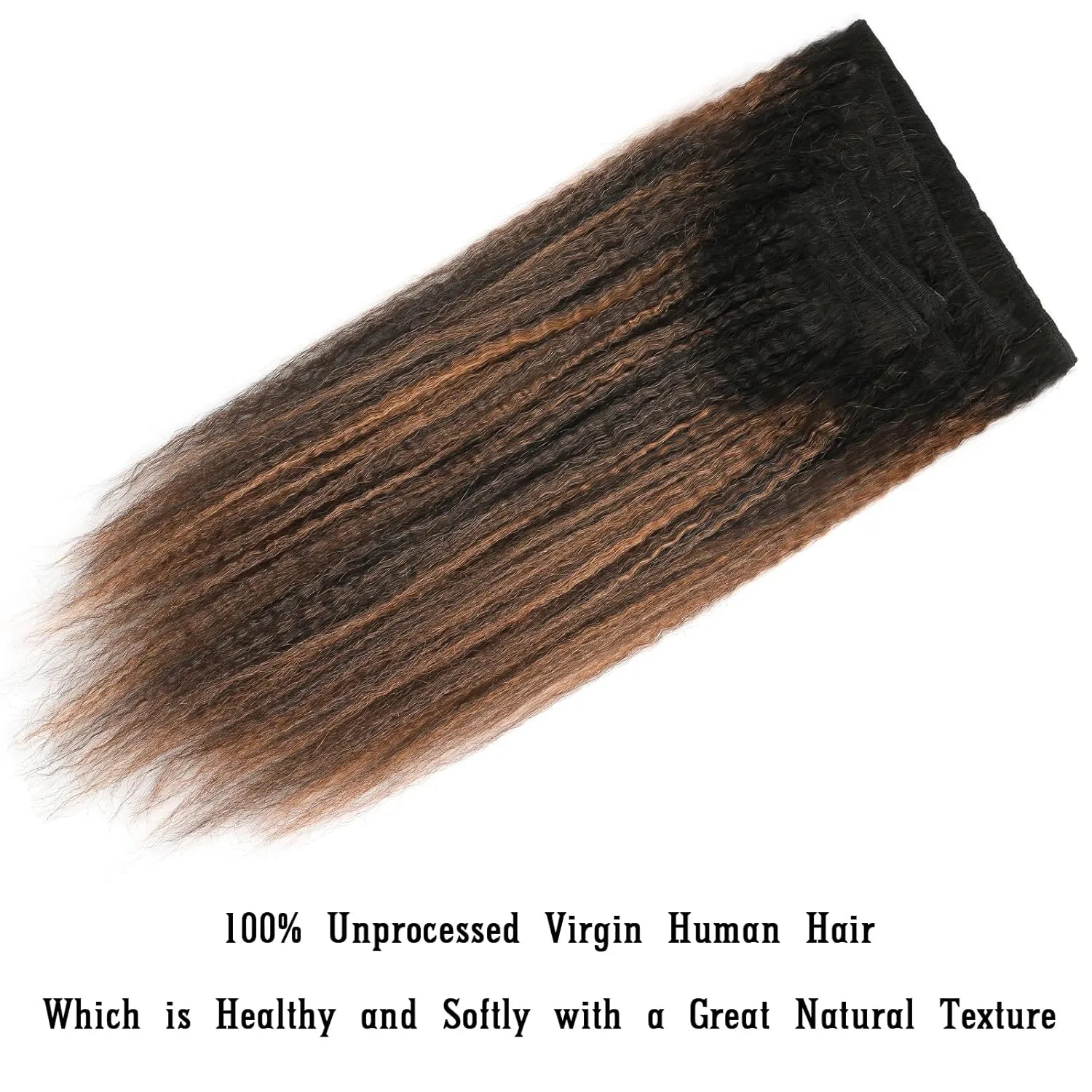 Kinky Straight Hair Clip in Remy Human Hair Rooted Black Fading to Natural Black #1B Mixed With Light Auburn #30 Afro Kinky Straight Clip on Hair Extensions for Black Women 14inch 120G 7Pcs
