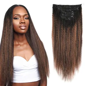 Kinky Straight Hair Clip in Remy Human Hair Rooted Black Fading to Natural Black #1B Mixed With Light Auburn #30 Afro Kinky Straight Clip on Hair Extensions for Black Women 14inch 120G 7Pcs