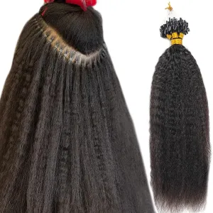 Kinky Straight Micro Link Extensions Hair Human Hair Niawigs Micro Links Hair Extensions for Black Women 100 Strands Micro Loop Human Hair Extensions 20 Inches 100G Natural Black