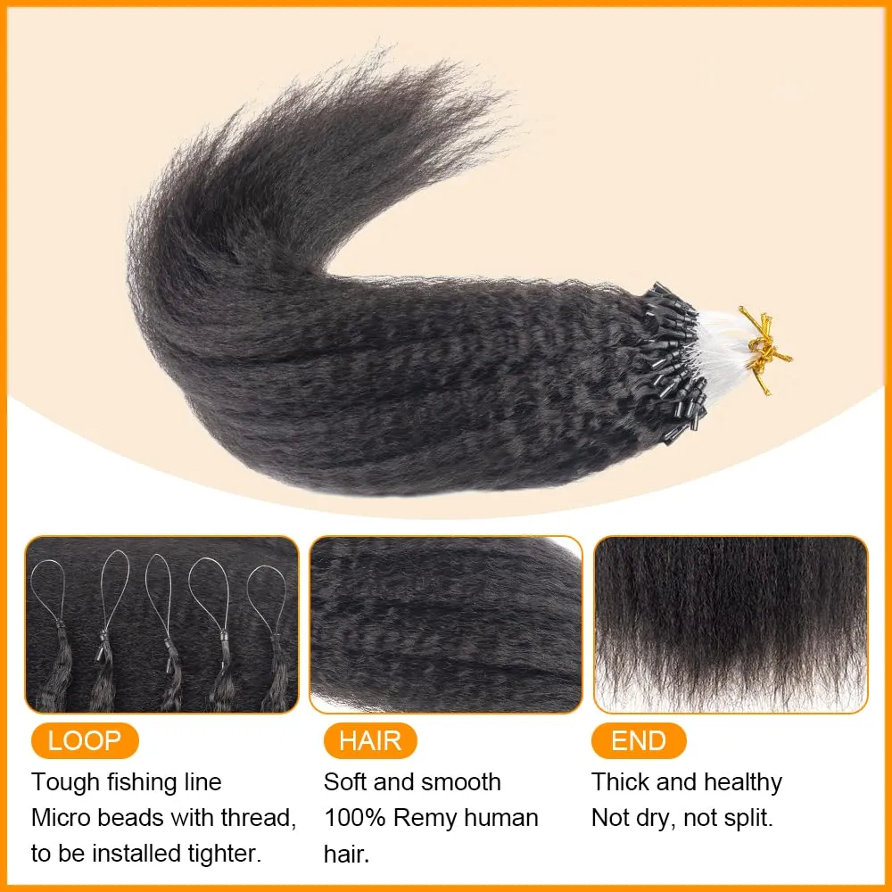 Kinky Straight Micro Link Extensions Hair Human Hair Niawigs Micro Links Hair Extensions for Black Women 100 Strands Micro Loop Human Hair Extensions 20 Inches 100G Natural Black