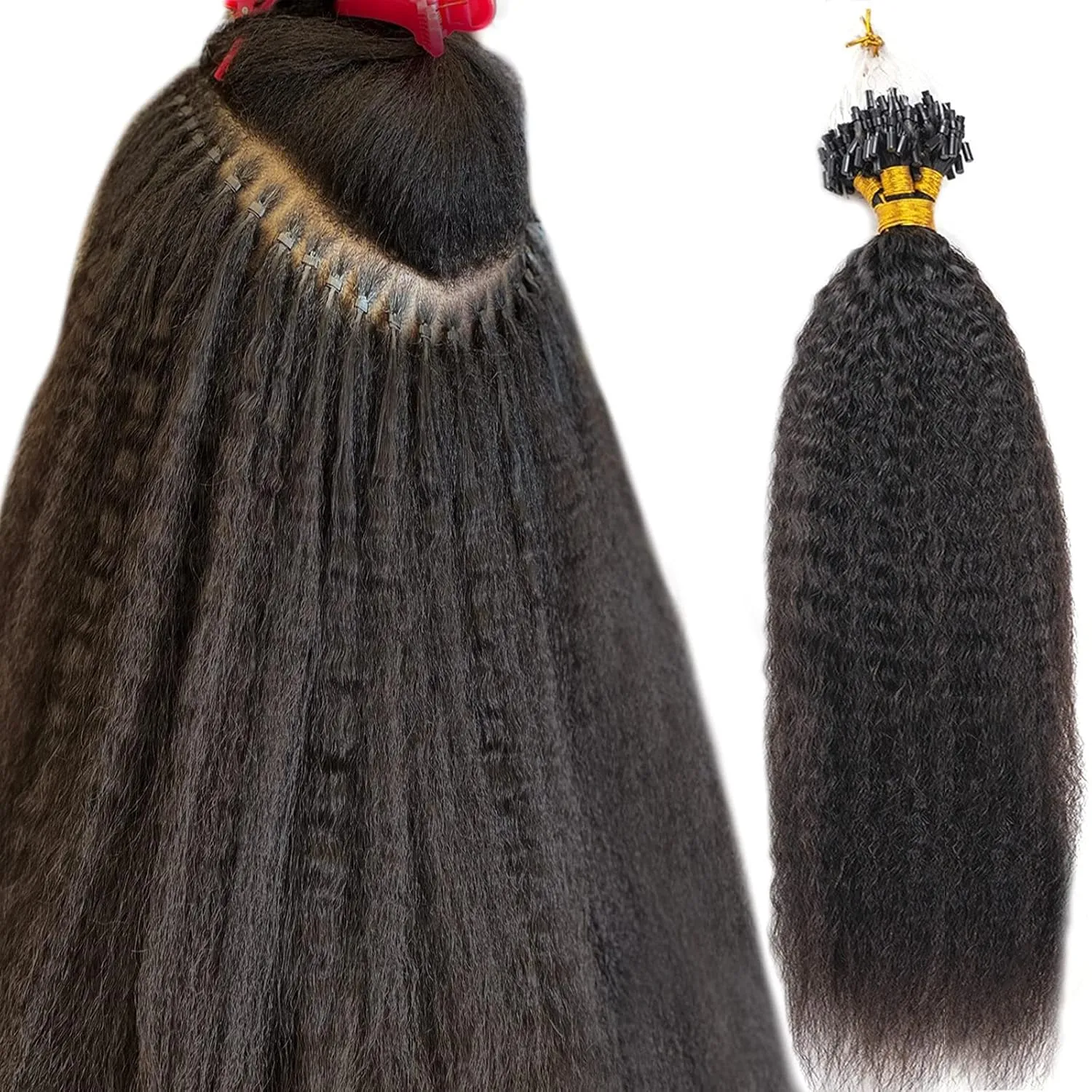 Kinky Straight Micro Link Extensions Hair Human Hair Niawigs Micro Links Hair Extensions for Black Women 100 Strands Micro Loop Human Hair Extensions 20 Inches 100G Natural Black
