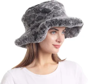 LA CARRIE Women's Snakeskin Print Faux Fur Bucket Hat Winter Warmer Fisherman Cap