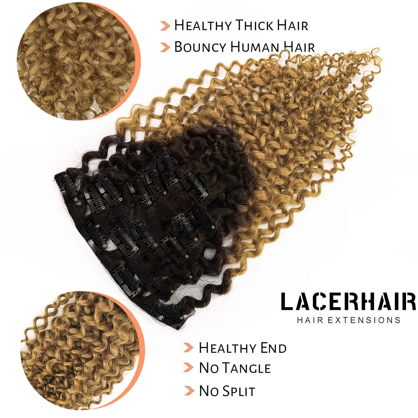 Lacer 3B 3C Jerry Curly Hair Extensions Clip Ins #1B/27 16 Inch Curly Clip in Hair Extensions for Black Women Ombre Brown to Blonde 7Pcs 120G