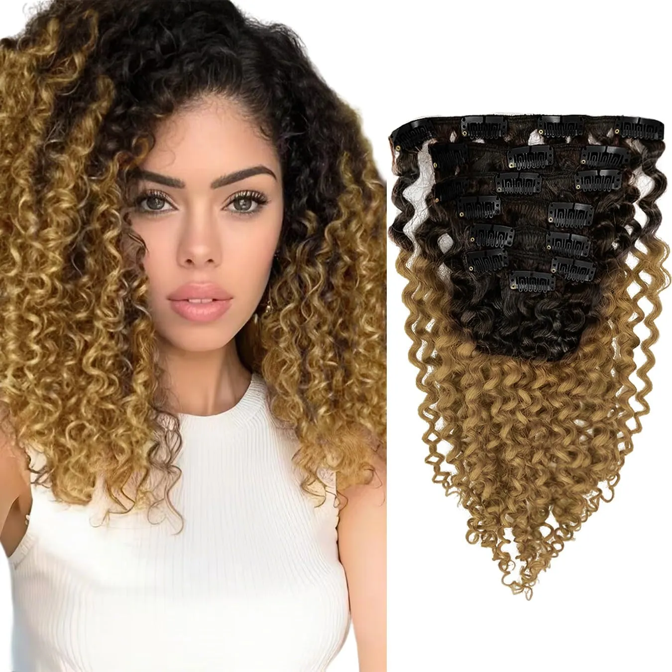Lacer 3B 3C Jerry Curly Hair Extensions Clip Ins #1B/27 16 Inch Curly Clip in Hair Extensions for Black Women Ombre Brown to Blonde 7Pcs 120G