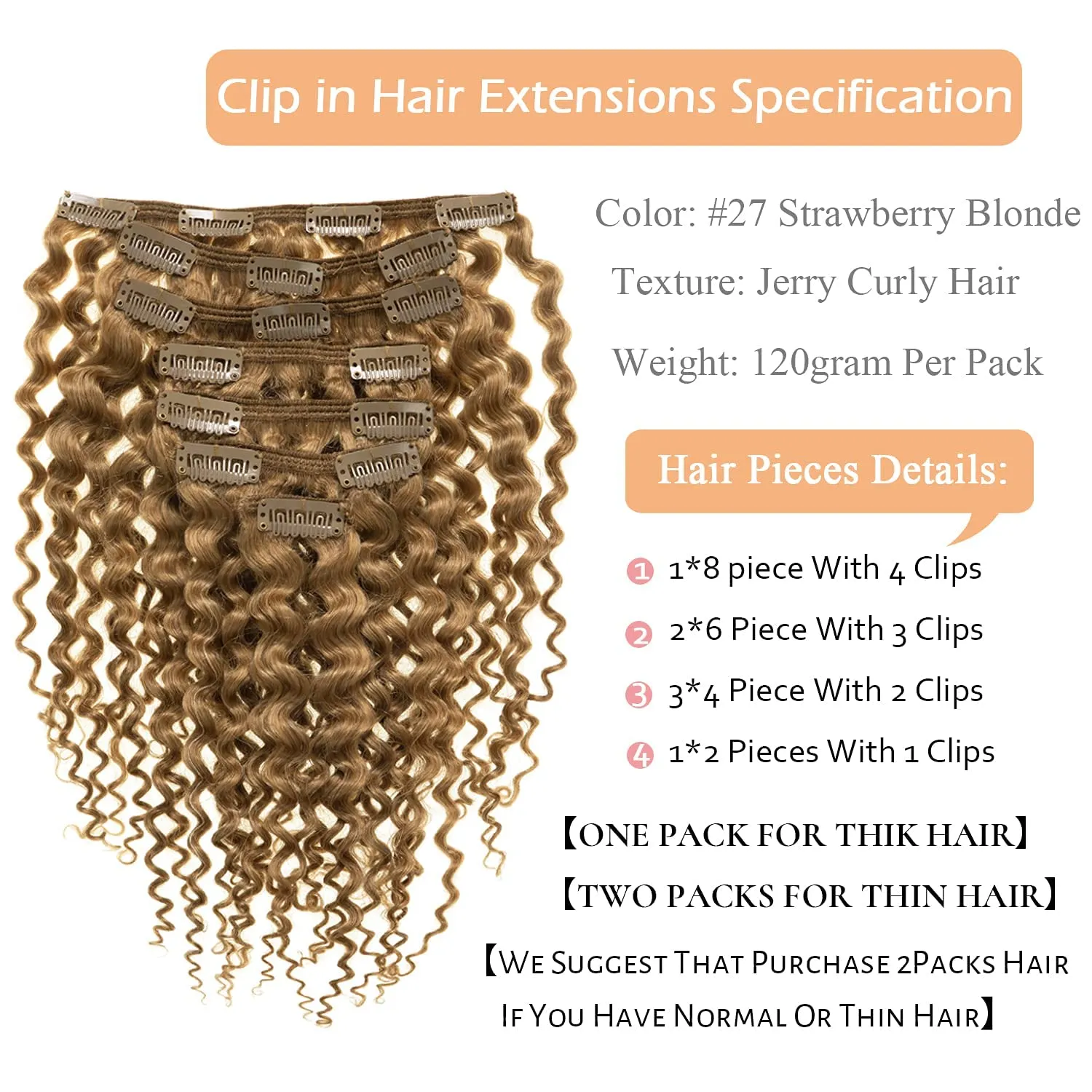 Lacer Clip Ins Hair 9A Grade Thick End Remy Human Hair Extensions for Black Women 16Inch Double Weft Remy Human Hair Curly Clip in Extensions Jerry Curly 3B 3C Curly Strawberry Blonde #27 120G
