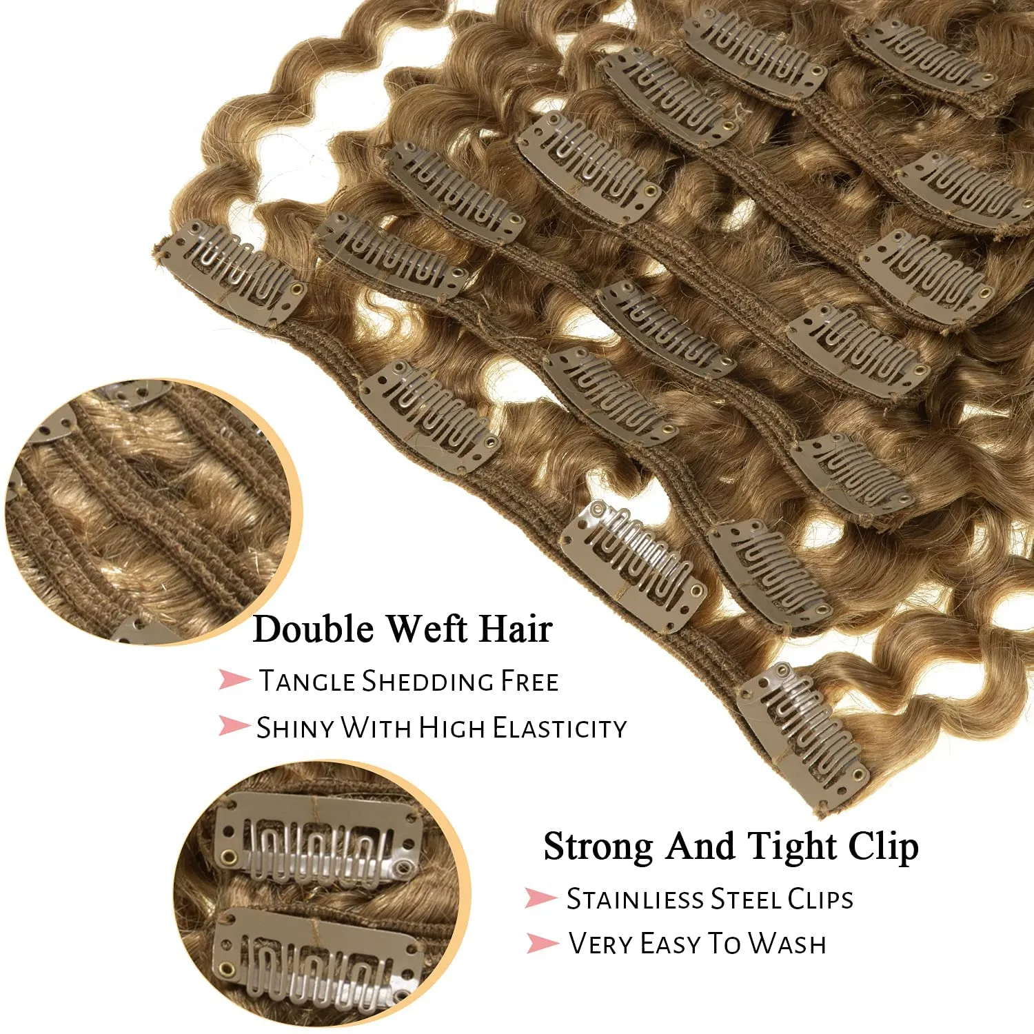 Lacer Clip Ins Hair 9A Grade Thick End Remy Human Hair Extensions for Black Women 16Inch Double Weft Remy Human Hair Curly Clip in Extensions Jerry Curly 3B 3C Curly Strawberry Blonde #27 120G