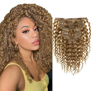 Lacer Clip Ins Hair 9A Grade Thick End Remy Human Hair Extensions for Black Women 16Inch Double Weft Remy Human Hair Curly Clip in Extensions Jerry Curly 3B 3C Curly Strawberry Blonde #27 120G