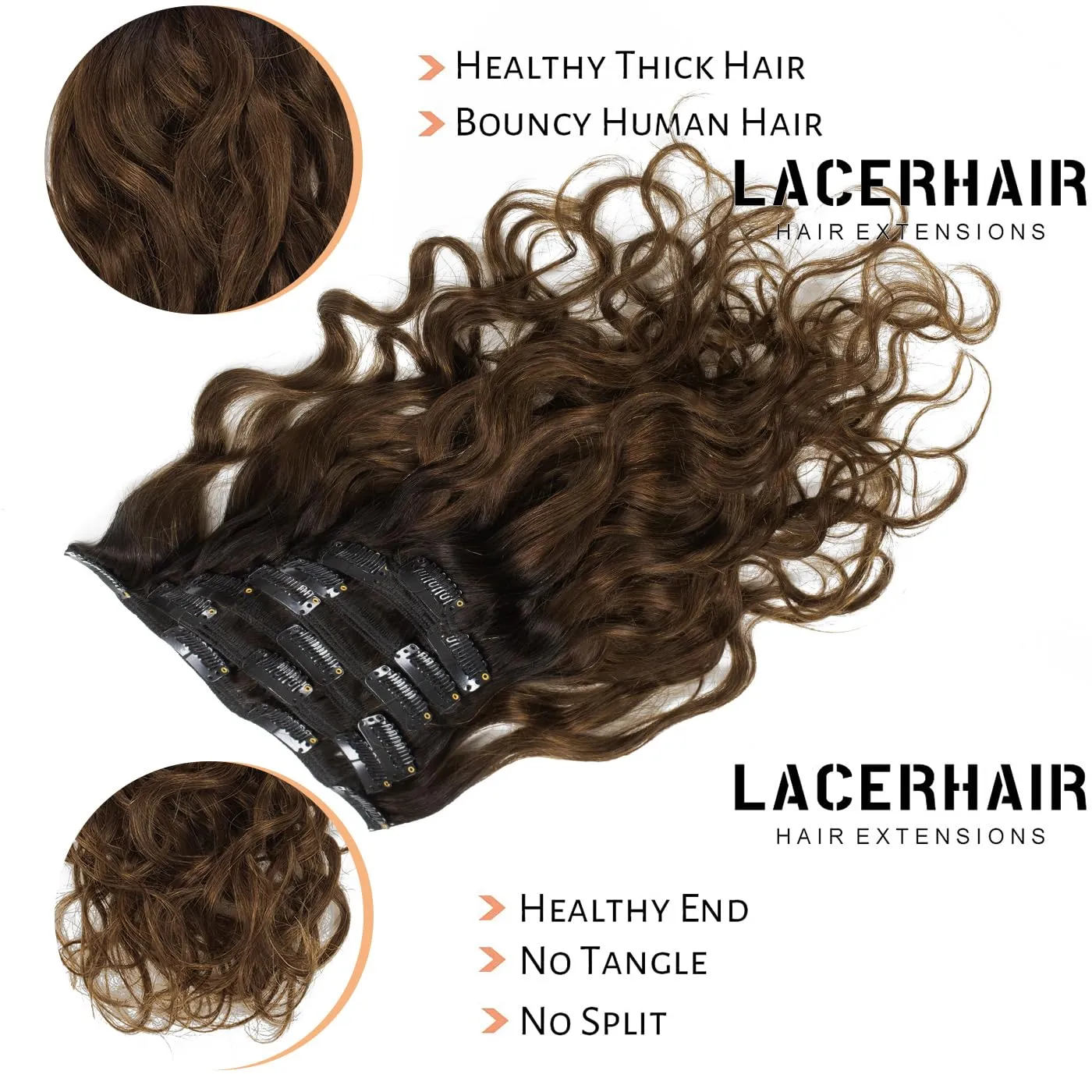 LacerHair Ombre Two Tone Natural Wave Human Hair Curly Clip in Hair Extensions 16Inch 120G 7Pcs Double Weft Natural Black Fading into Chocolate Brown Clips in Full Head Wavy Thick Real Remy Hair