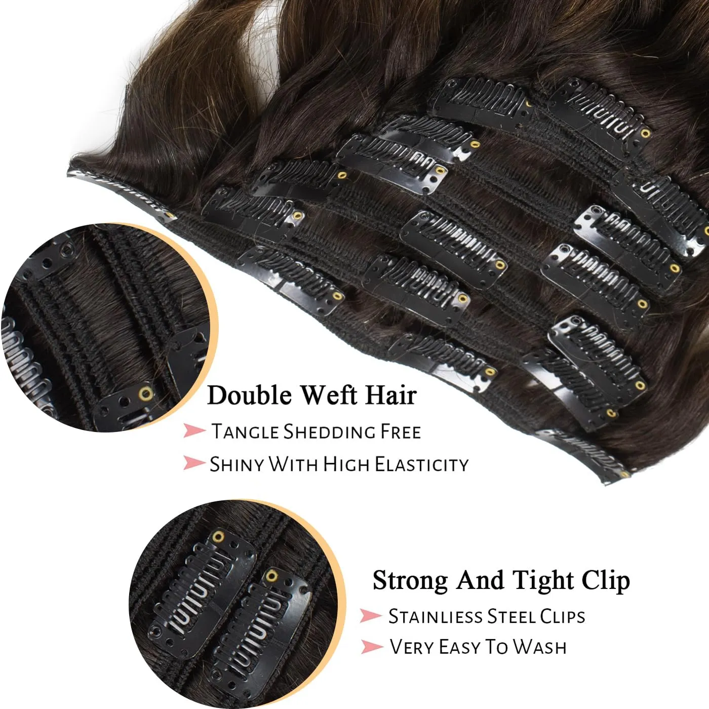 LacerHair Ombre Two Tone Natural Wave Human Hair Curly Clip in Hair Extensions 16Inch 120G 7Pcs Double Weft Natural Black Fading into Chocolate Brown Clips in Full Head Wavy Thick Real Remy Hair