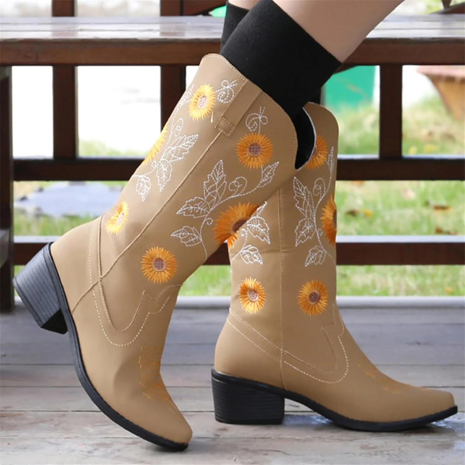 Ladmiple Boots For Women Cowboy Style Wide Calf Knee High Seam Mid Block Heel Almond Fashion Classic Cowgirl Boots Slip-On