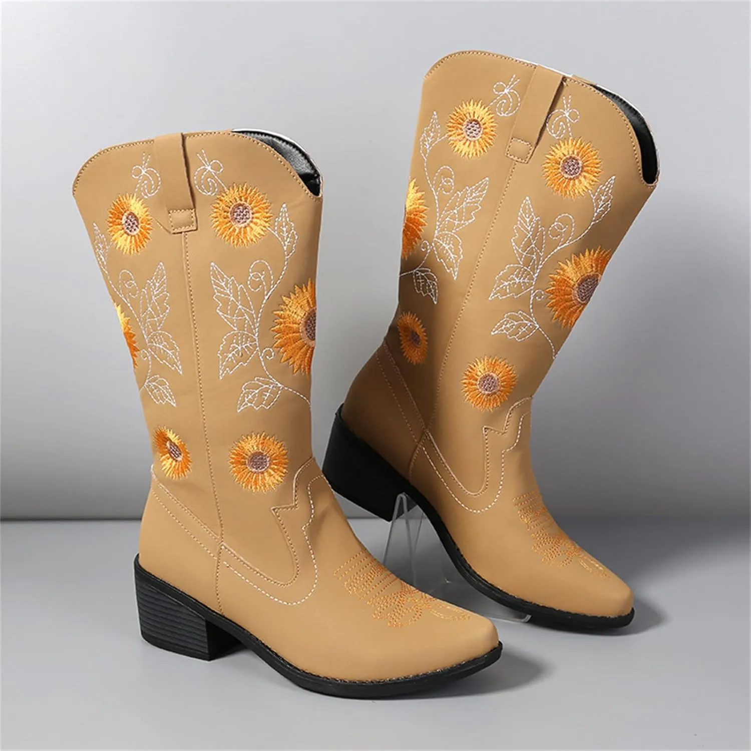 Ladmiple Boots For Women Cowboy Style Wide Calf Knee High Seam Mid Block Heel Almond Fashion Classic Cowgirl Boots Slip-On