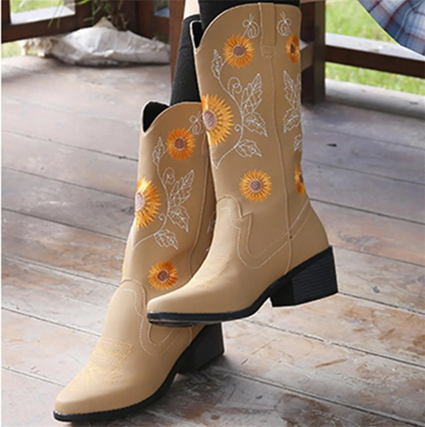 Ladmiple Boots For Women Cowboy Style Wide Calf Knee High Seam Mid Block Heel Almond Fashion Classic Cowgirl Boots Slip-On
