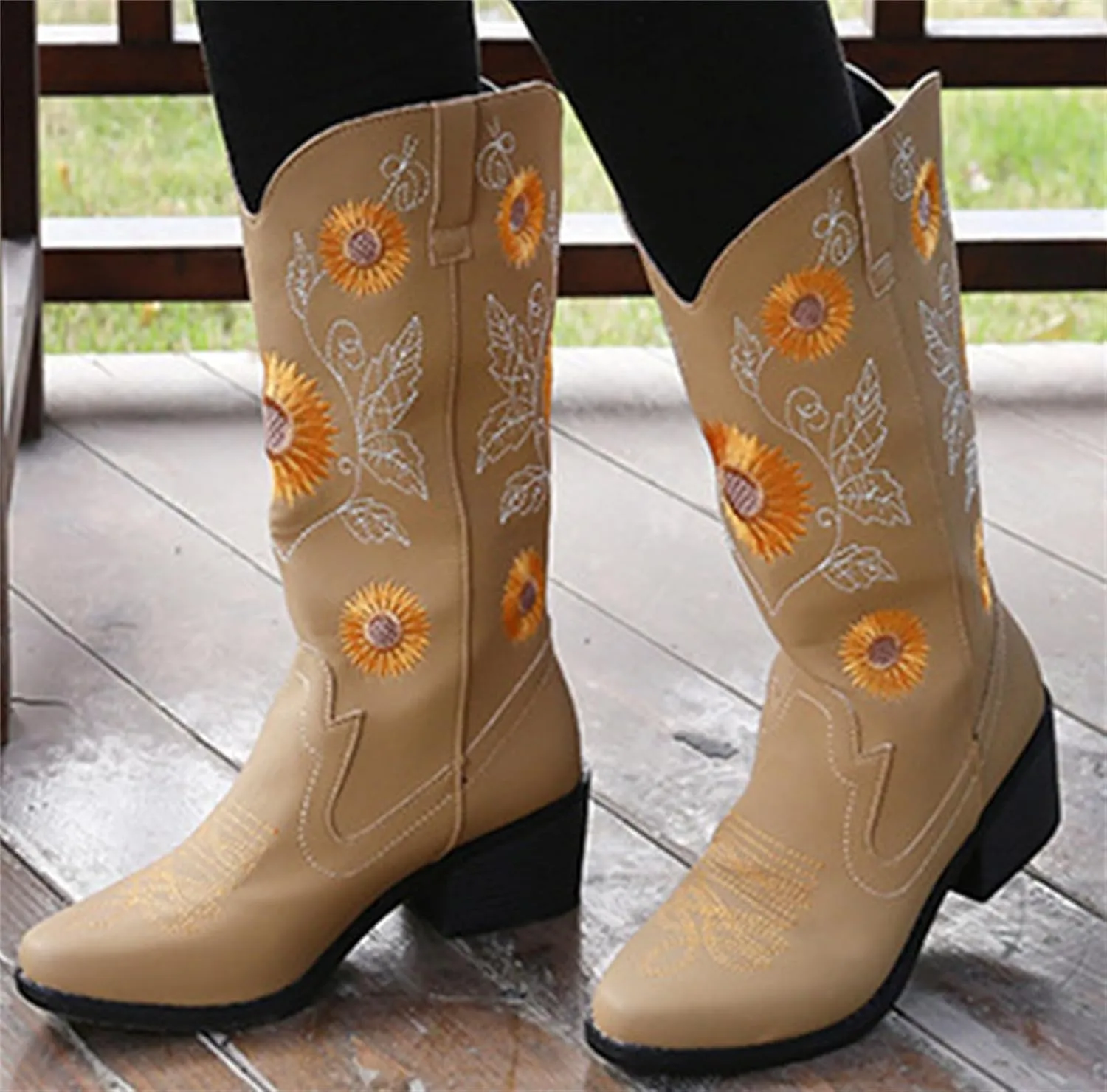 Ladmiple Boots For Women Cowboy Style Wide Calf Knee High Seam Mid Block Heel Almond Fashion Classic Cowgirl Boots Slip-On