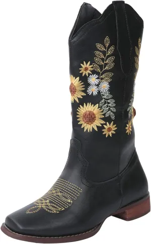 Ladmiple Boots For Women Cowboy Style Wide Calf Sunflower Embroidered Pull On Cowgirl Boots Chunky Heel Western Boots