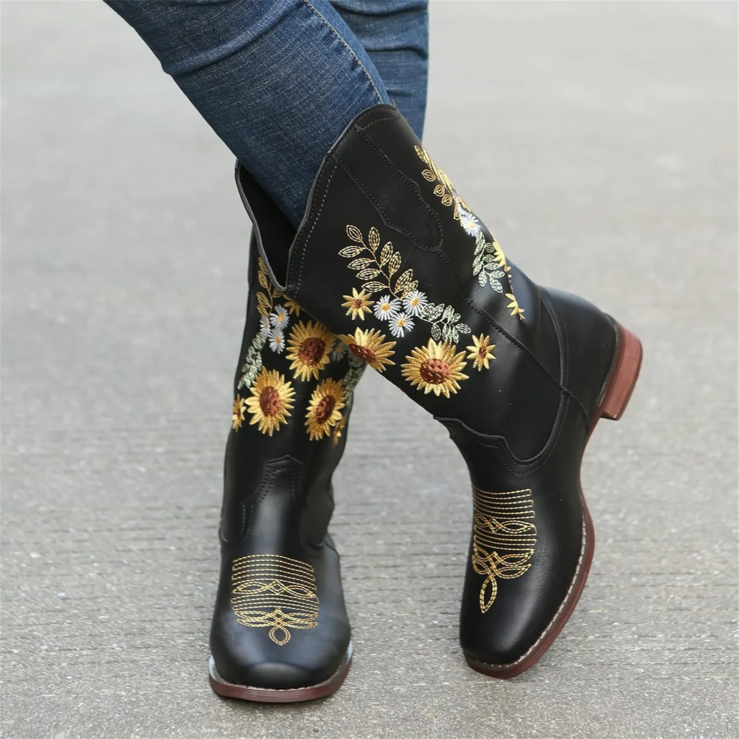 Ladmiple Boots For Women Cowboy Style Wide Calf Sunflower Embroidered Pull On Cowgirl Boots Chunky Heel Western Boots
