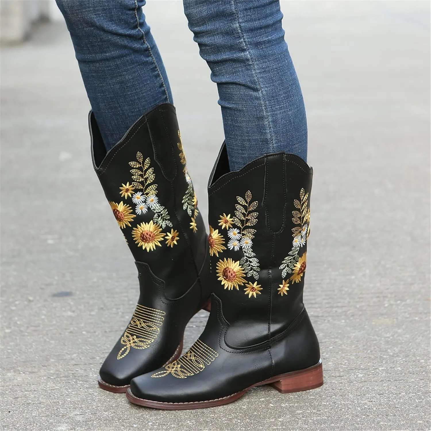 Ladmiple Boots For Women Cowboy Style Wide Calf Sunflower Embroidered Pull On Cowgirl Boots Chunky Heel Western Boots