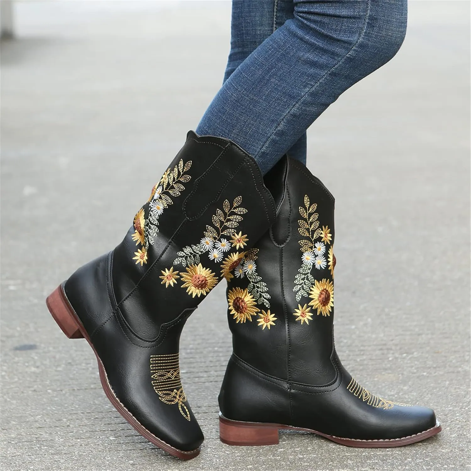 Ladmiple Boots For Women Cowboy Style Wide Calf Sunflower Embroidered Pull On Cowgirl Boots Chunky Heel Western Boots