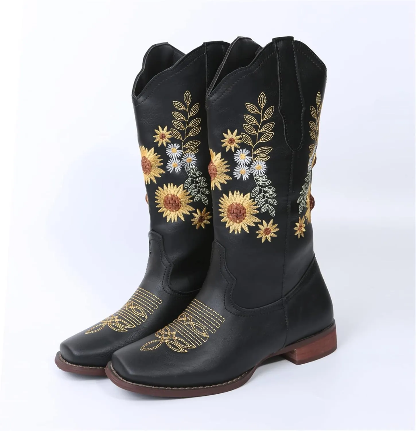 Ladmiple Boots For Women Cowboy Style Wide Calf Sunflower Embroidered Pull On Cowgirl Boots Chunky Heel Western Boots