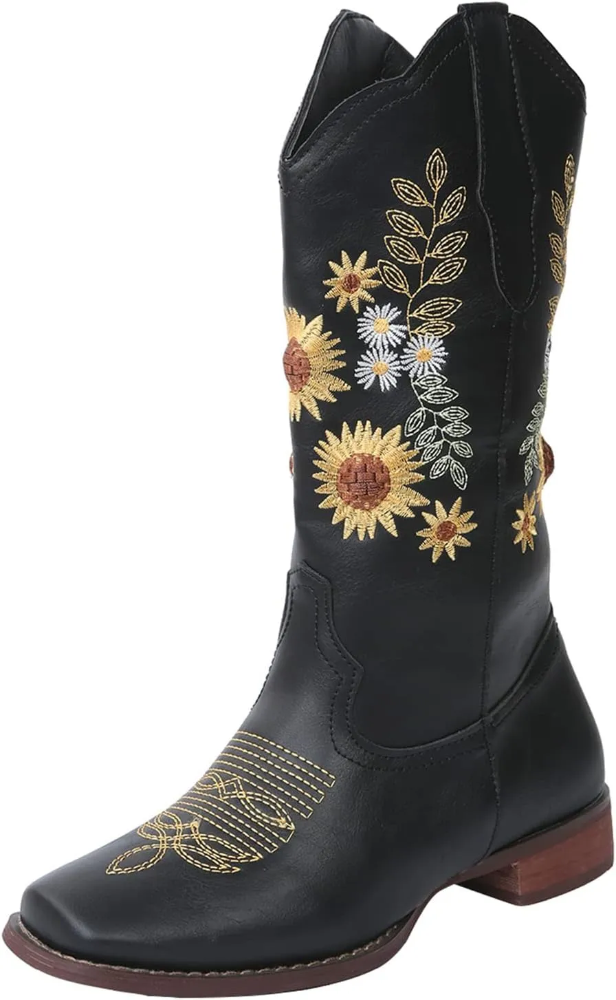 Ladmiple Boots For Women Cowboy Style Wide Calf Sunflower Embroidered Pull On Cowgirl Boots Chunky Heel Western Boots