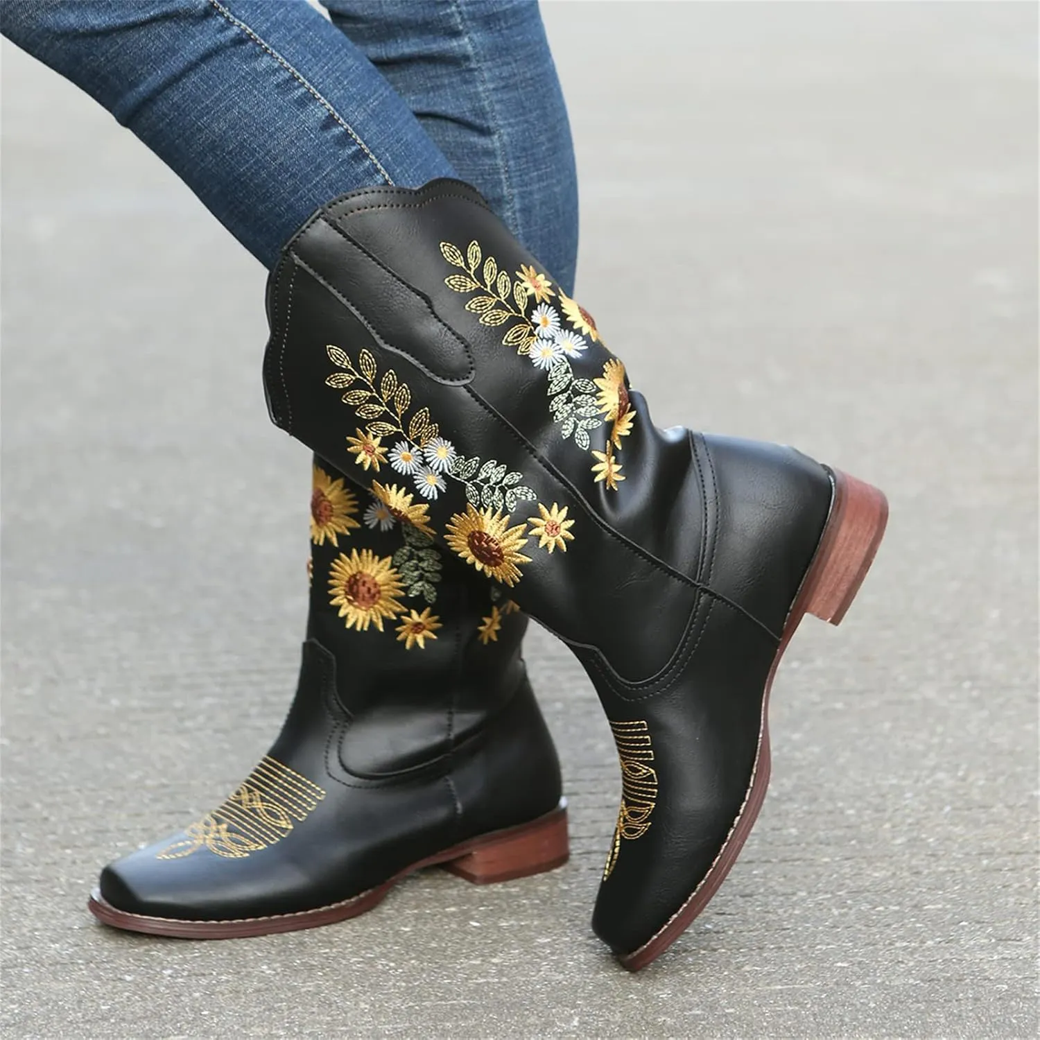 Ladmiple Boots For Women Cowboy Style Wide Calf Sunflower Embroidered Pull On Cowgirl Boots Chunky Heel Western Boots