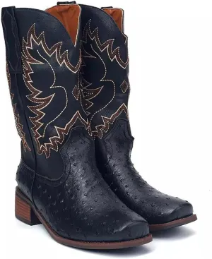 Ladmiple Cowboy Boots For Women Knee High Wide Calf Seam Mid Heel Block Heel Almond Fashion Classic Cowgirl Boots Slip-On