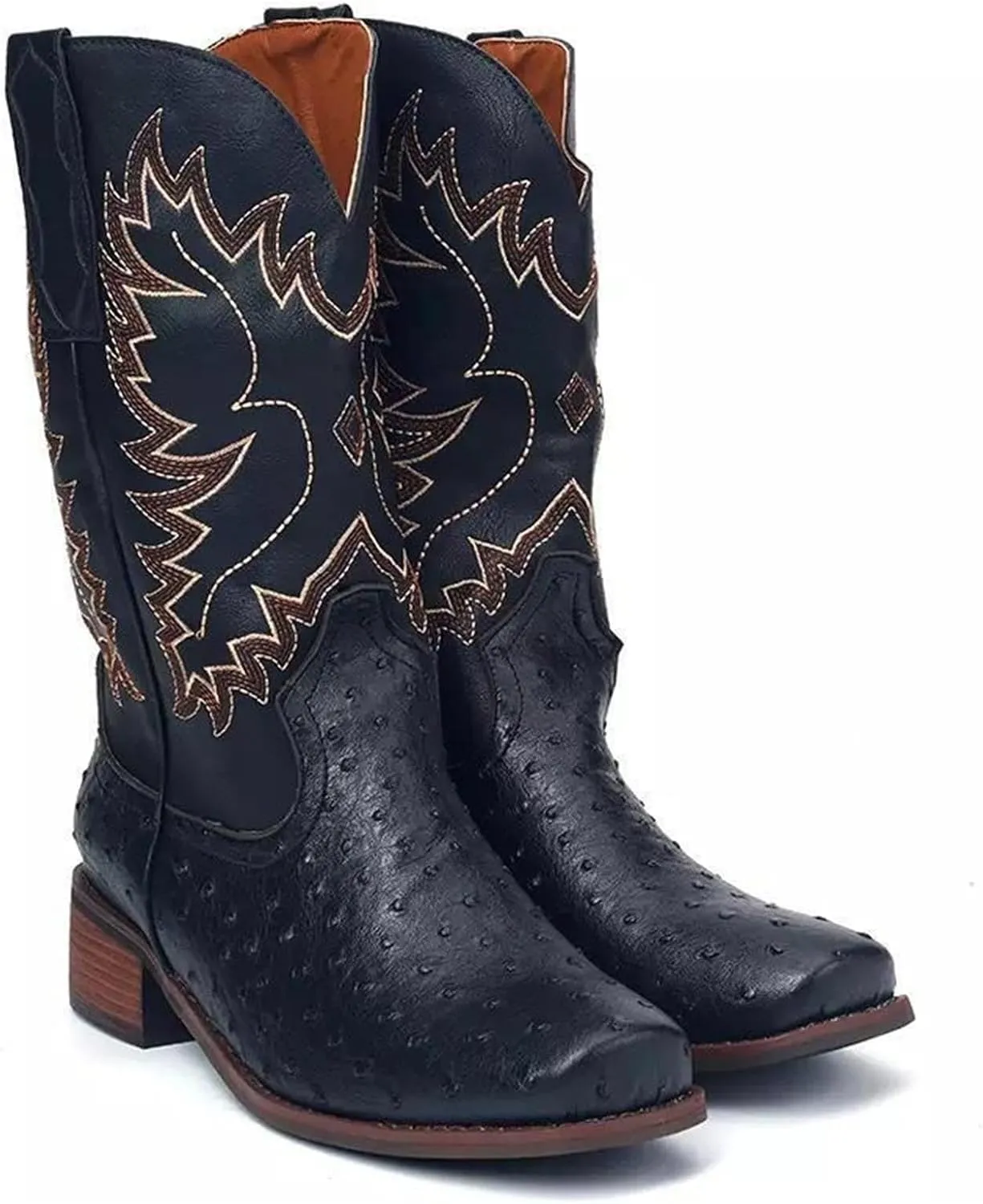 Ladmiple Cowboy Boots For Women Knee High Wide Calf Seam Mid Heel Block Heel Almond Fashion Classic Cowgirl Boots Slip-On