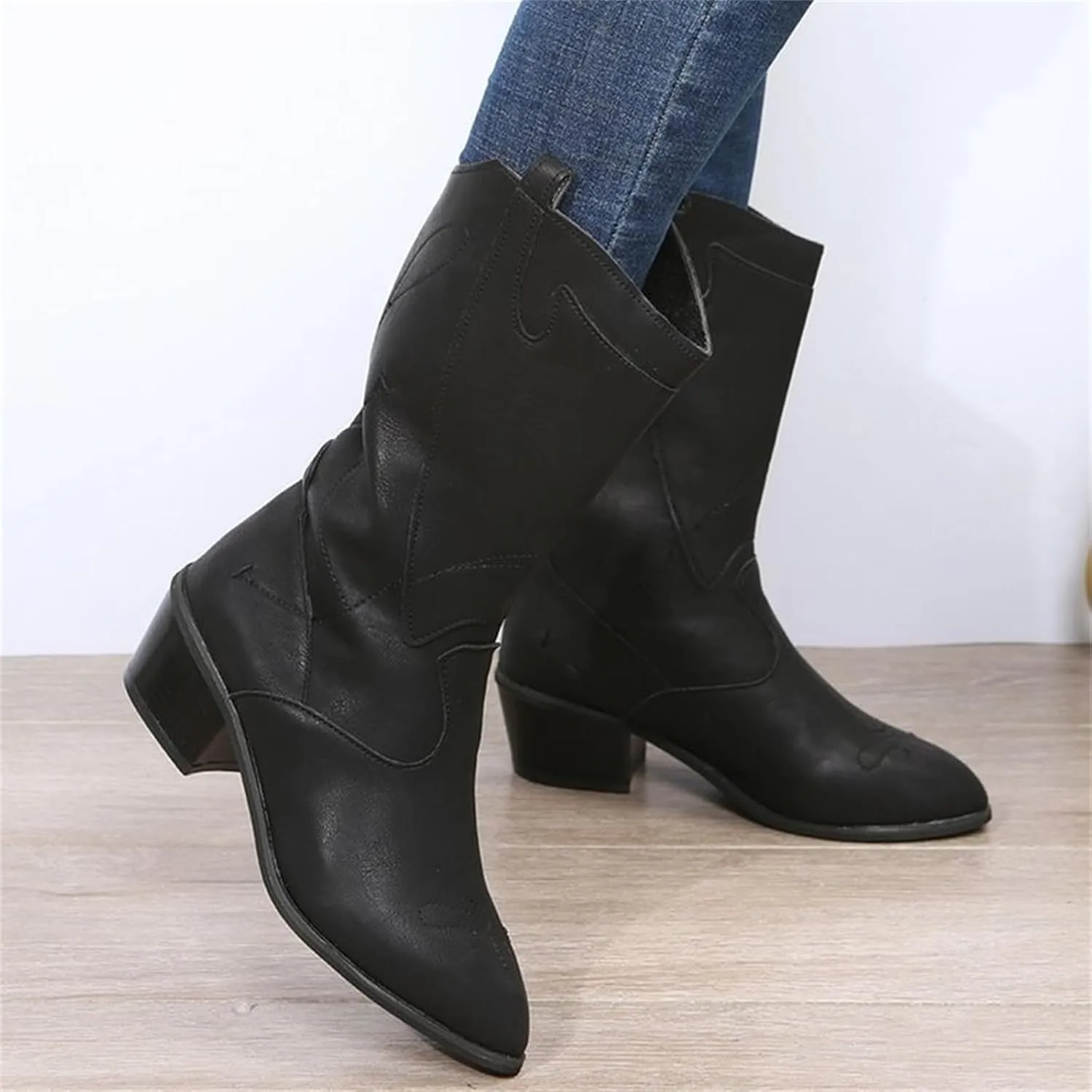Ladmiple Cowboy Boots For Women Mid Calf Wide Width Cowgirl Embroidered Western Boots Chunky Heel Pull On Fashion Boots