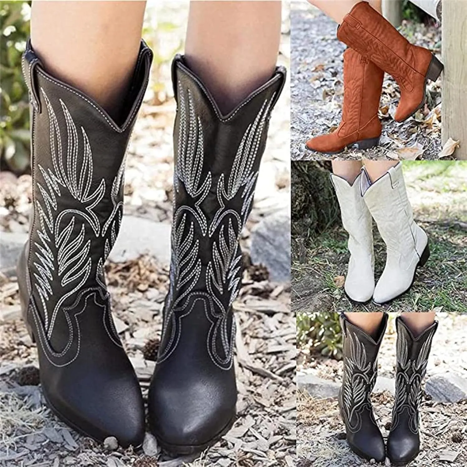 Ladmiple Cowboy Boots For Women Mid Calf Wide Width Pointed Toe Chunky Heel Cowgirl Embroidered Western Knee High Boots