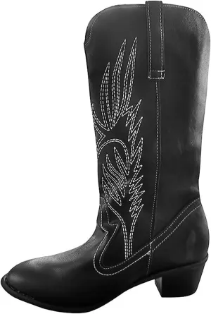 Ladmiple Cowboy Boots For Women Mid Calf Wide Width Pointed Toe Chunky Heel Cowgirl Embroidered Western Knee High Boots