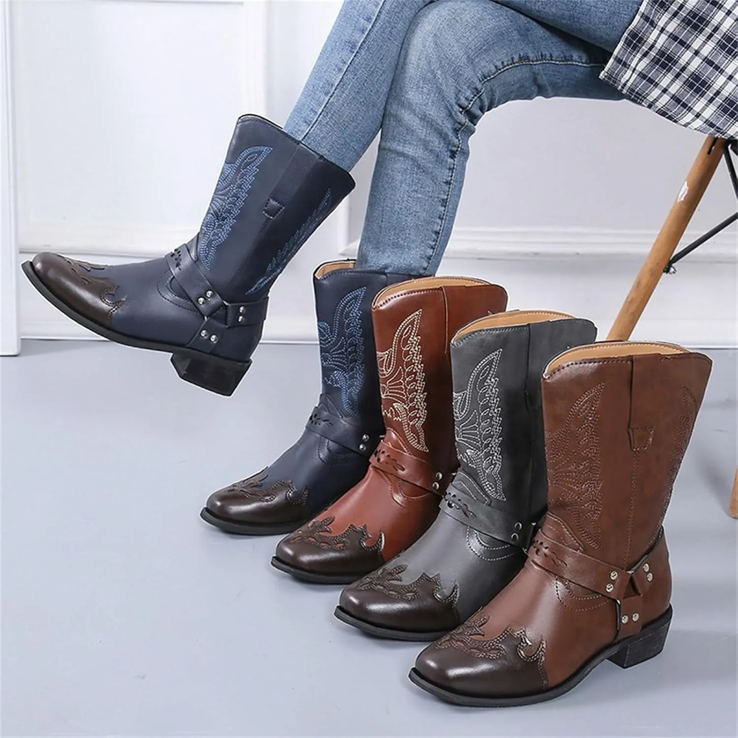 Ladmiple Cowboy Boots For Women Wide Calf Knee High Embroidered Pull-On Chunky Heel Cowgirl Western Fashion Tall Boot