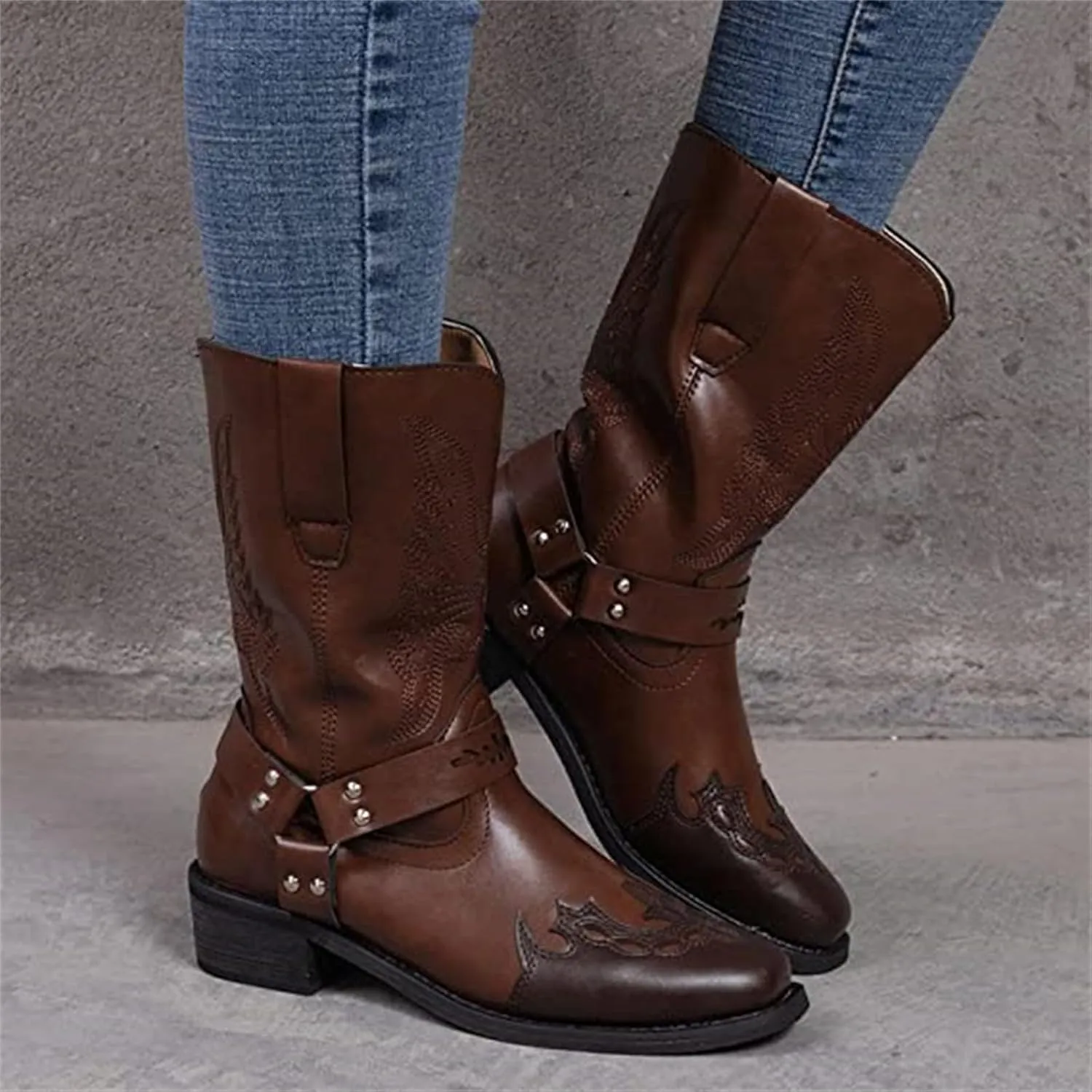 Ladmiple Cowboy Boots For Women Wide Calf Knee High Embroidered Pull-On Chunky Heel Cowgirl Western Fashion Tall Boot