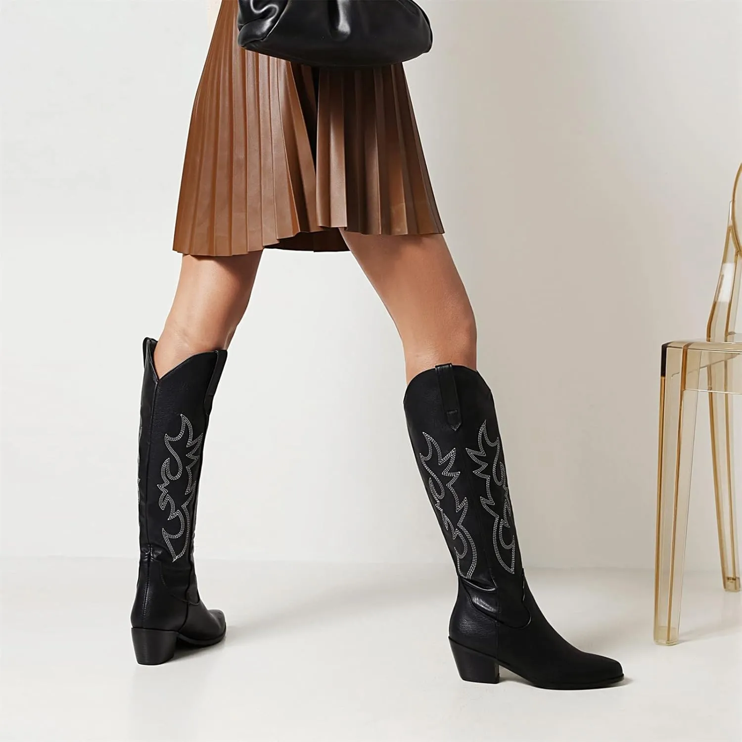 Ladmiple Cowboy Boots For Women Wide Calf Knee High Embroidered Western Chunky Heel Fashion Retro Classic Boot Pull-On