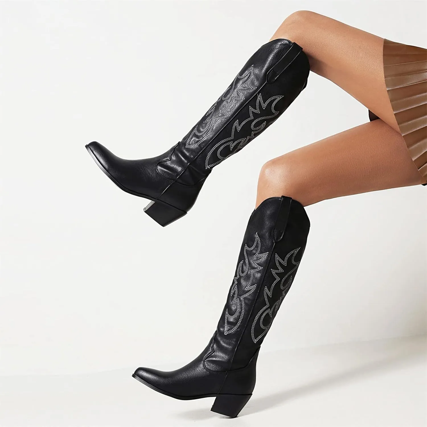 Ladmiple Cowboy Boots For Women Wide Calf Knee High Embroidered Western Chunky Heel Fashion Retro Classic Boot Pull-On