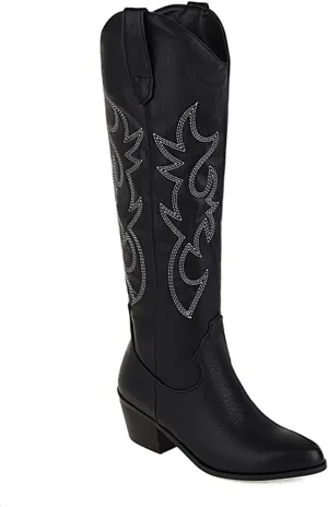 Ladmiple Cowboy Boots For Women Wide Calf Knee High Embroidered Western Chunky Heel Fashion Retro Classic Boot Pull-On