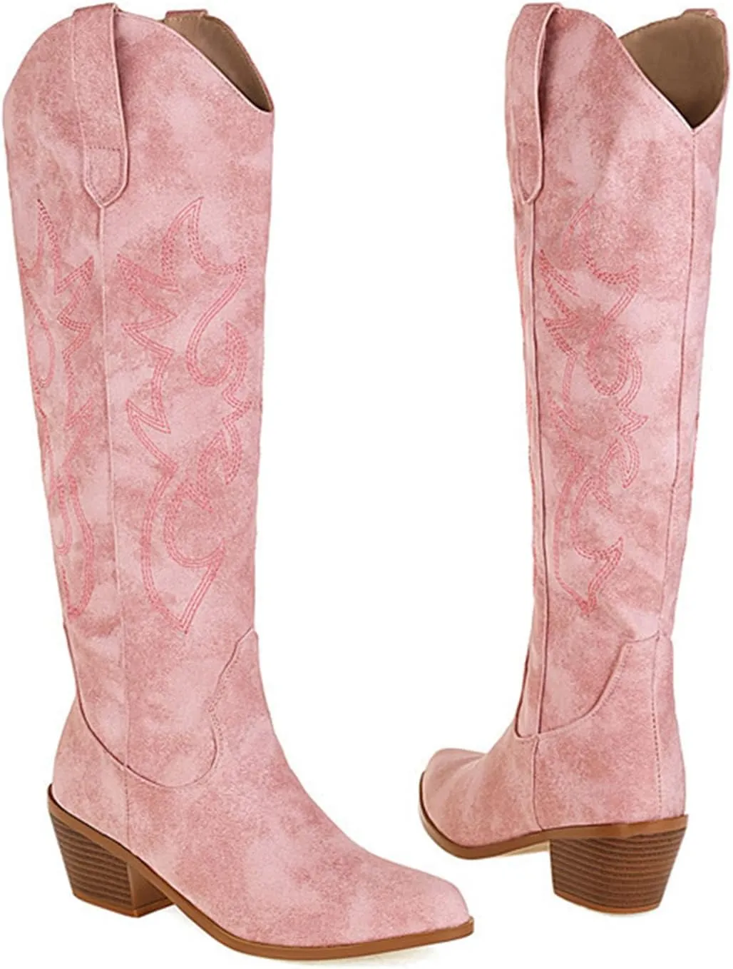 Ladmiple Cowboy Boots For Women Wide Calf Low Heel Cowgirl Embroidered Western Boots Pointed Toe Chunky Heel Pull On Boots