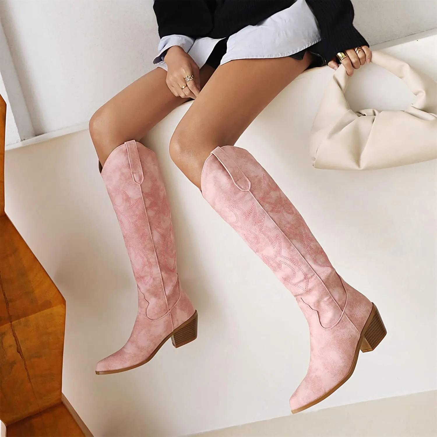 Ladmiple Cowboy Boots For Women Wide Calf Low Heel Cowgirl Embroidered Western Boots Pointed Toe Chunky Heel Pull On Boots