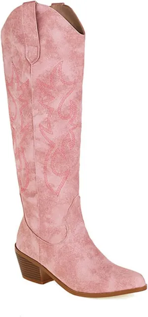 Ladmiple Cowboy Boots For Women Wide Calf Low Heel Cowgirl Embroidered Western Boots Pointed Toe Chunky Heel Pull On Boots