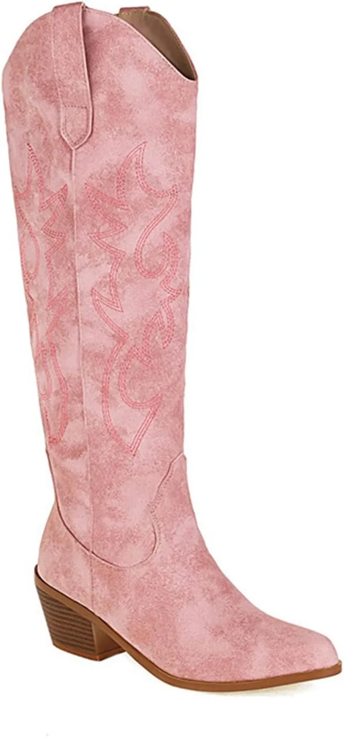 Ladmiple Cowboy Boots For Women Wide Calf Low Heel Cowgirl Embroidered Western Boots Pointed Toe Chunky Heel Pull On Boots
