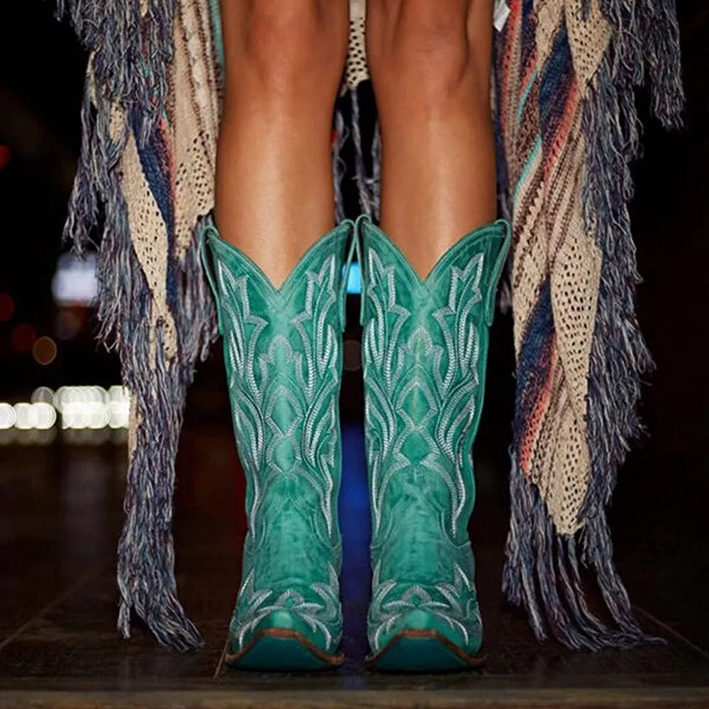 Ladmiple Cowboy Boots For Women Wide Calf Low Heel Knee High Seam Block Heel Pointed Toe Fashion Cowgirl Boots Slip-On