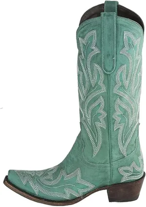 Ladmiple Cowboy Boots For Women Wide Calf Low Heel Knee High Seam Block Heel Pointed Toe Fashion Cowgirl Boots Slip-On